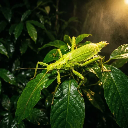 Green Jungle Nymph Phasmid on Wet Leaves