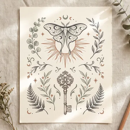 Celestial Moth and Key Tattoo Flash Sheet