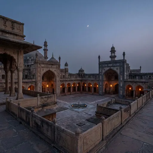 Mosque Courtyard at Twilight with Crescent Moon