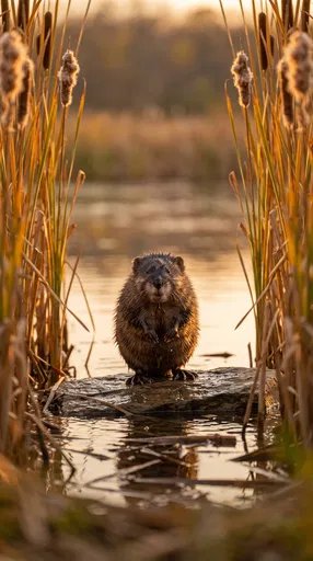 Muskrat on Rock in Sunset Reeds