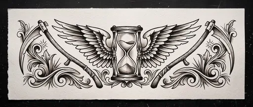 Traditional Winged Hourglass and Scythes Tattoo Flash