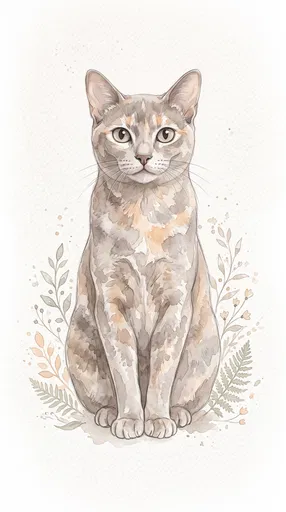 Watercolor Lilac Tortie Cat With Botanicals
