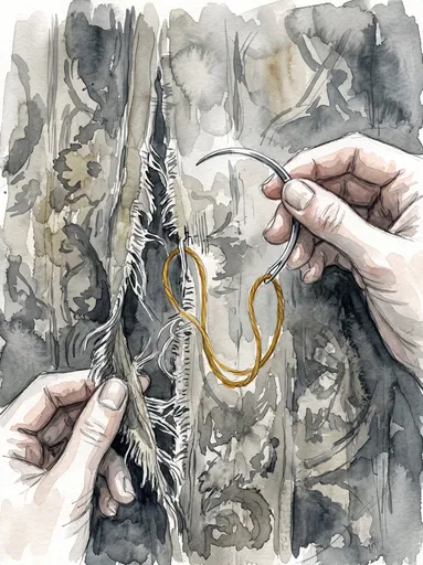 Watercolor Illustration of Hands Mending Tapestry