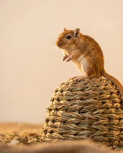 Cinnamon Gerbil Standing on Woven Hut