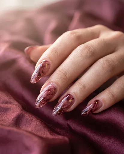 Burgundy Marble Nail Art Close-Up