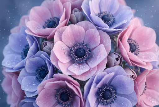 Pastel Pink and Blue Frosted Anemone Flowers