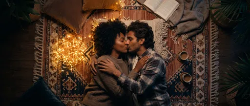 Overhead View of Couple Kissing on Rug