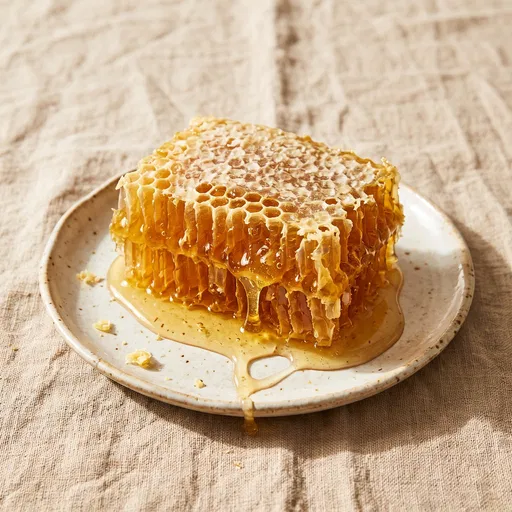 Golden Honeycomb on Rustic Ceramic Plate
