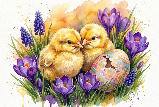 Watercolor Easter Chicks With Spring Flowers
