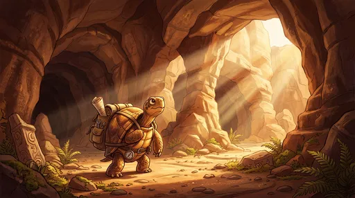 Cartoon Explorer Turtle in Sunlit Cave