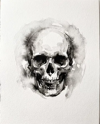 Monochrome Watercolor Human Skull Illustration