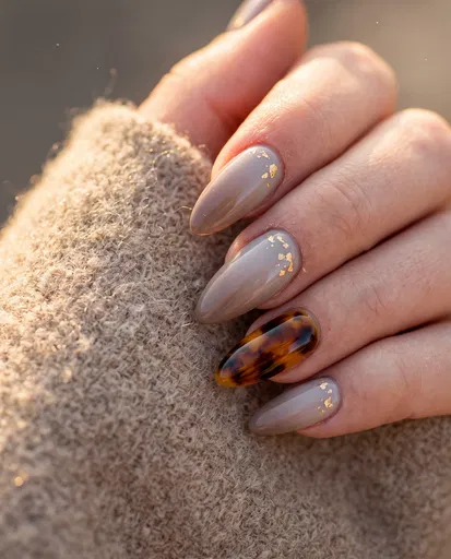 Taupe and Tortoiseshell Almond Nail Art