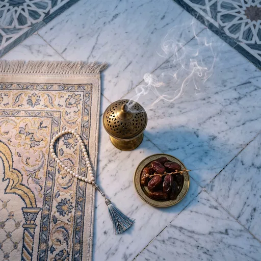 Islamic Prayer Rug, Beads, Dates, and Incense