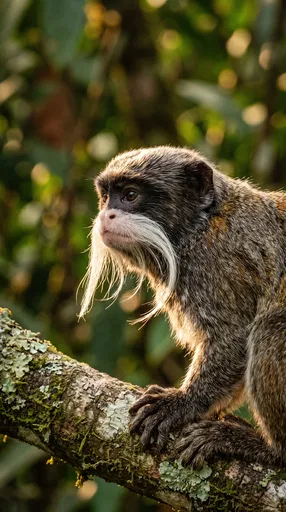 Emperor Tamarin on Branch at Golden Hour
