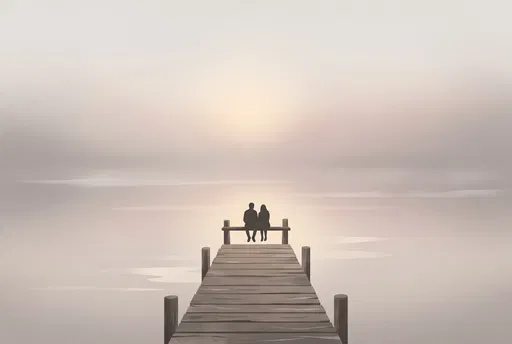 Couple Silhouettes Sitting on Misty Pier