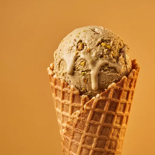 Melting Pistachio Gelato in Waffle Cone