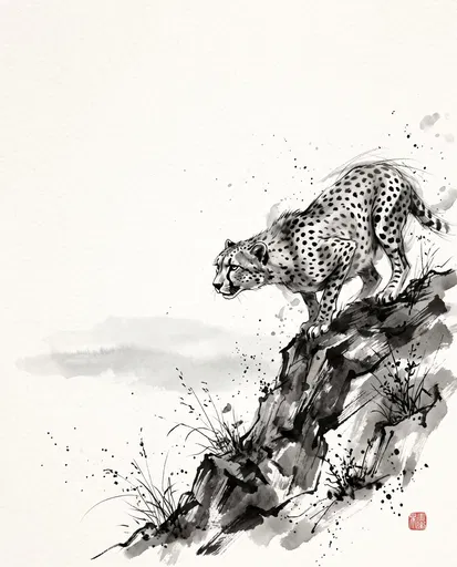 Sumi-e Ink Illustration of Poised Cheetah