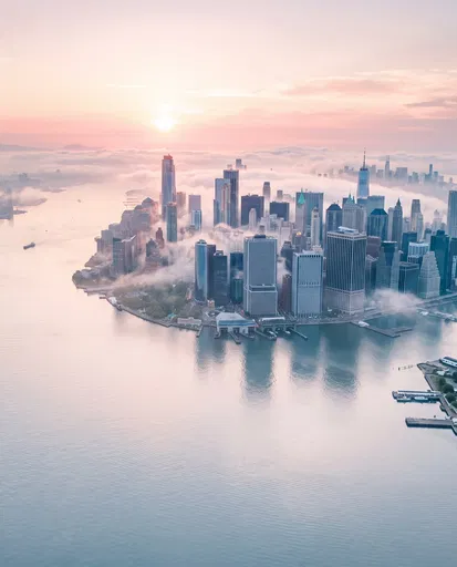 Aerial Sunrise View of Misty City Skyline