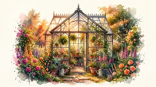 Watercolor Vintage Greenhouse in Flower Garden