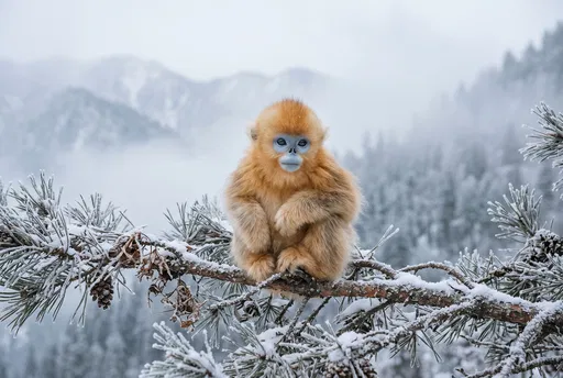 Baby Golden Snub-Nosed Monkey on Frosted Branch