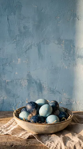 Blue Dyed Easter Eggs in Ceramic Bowl