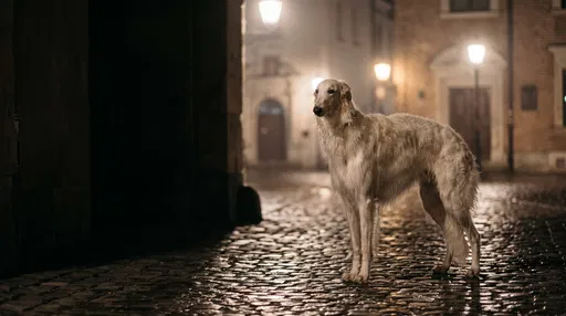 White Borzoi on Wet Cobblestone Street