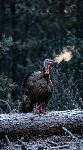 Wild Turkey Calling on Frosty Pine Log