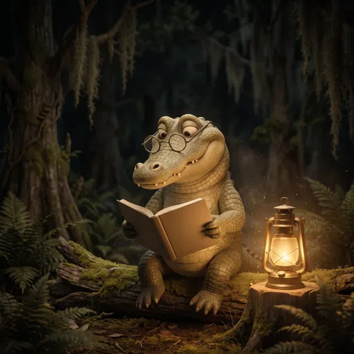 Cartoon Alligator Reading Book by Lantern