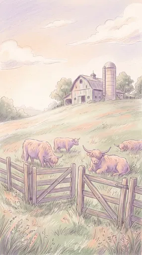 Pastel Illustration of Farm and Highland Cattle