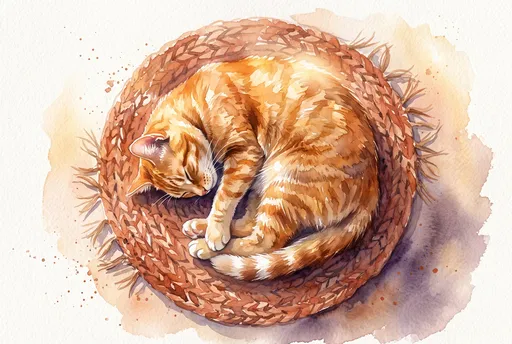Watercolor Illustration of Sleeping Ginger Tabby Cat