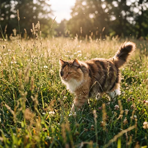Long-Haired Cat Walking in Golden Meadow