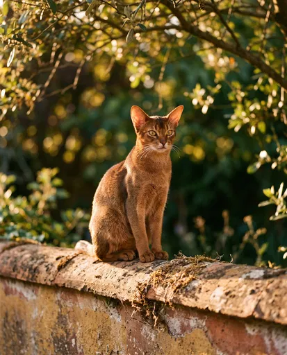 Abyssinian Cat on Garden Wall at Sunset