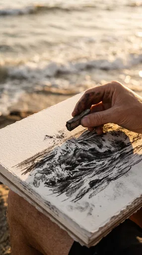 Artist Sketching Ocean Waves With Charcoal
