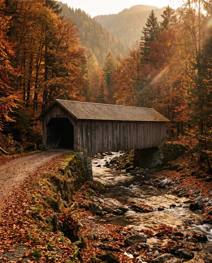 Rustic Covered Bridge in Autumn Forest