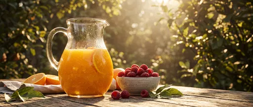 Orange Juice Pitcher and Raspberries on Table