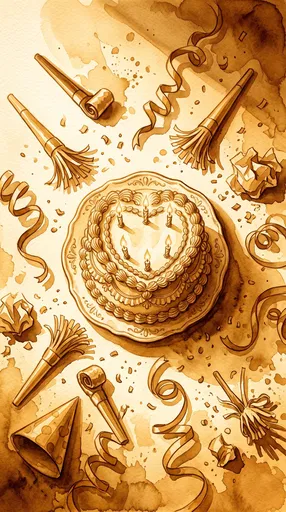 Sepia Watercolor Birthday Cake Flat Lay