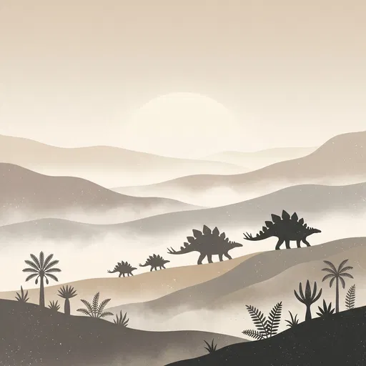 Minimalist Stegosaurus Family Walking Across Hills
