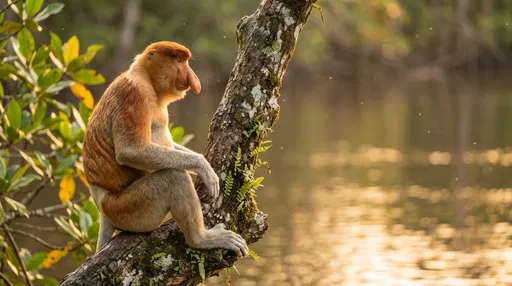 Proboscis Monkey on Branch at Sunset