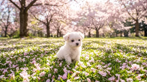 White Maltese Puppy In Cherry Blossom Park