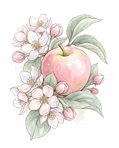 Watercolor Pink Apple and Blossoms Clip Art