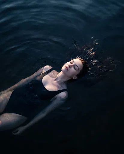 Woman Floating Serenely in Dark Water