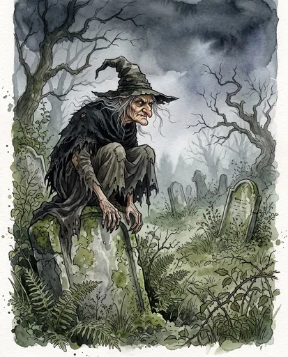 Watercolor Witch Crouching on Mossy Gravestone