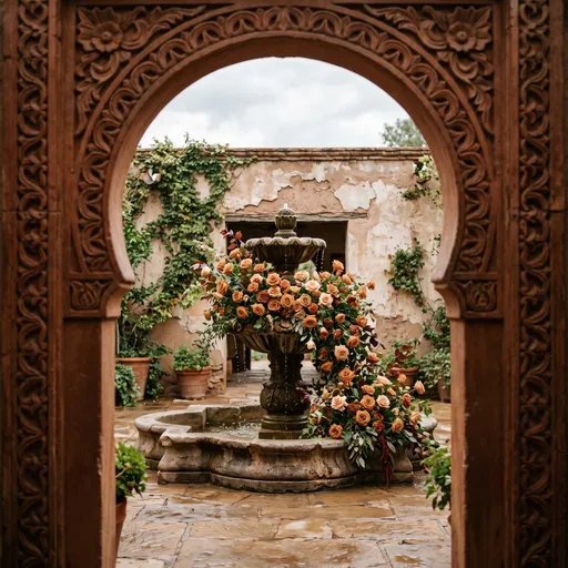 Courtyard Fountain Decorated With Orange Roses