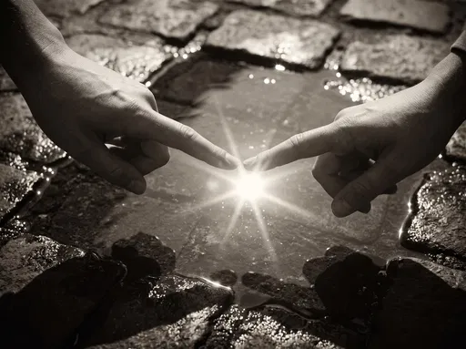Two Fingers Touching Over Sunlit Puddle