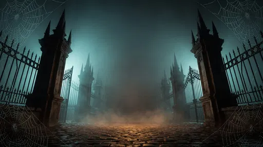 Spooky Gothic Gate in Foggy Courtyard