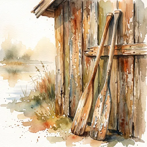 Watercolor Illustration of Rustic Wooden Oars