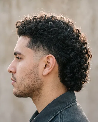 Man With Curly Burst Fade Mullet