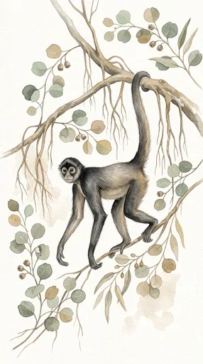 Watercolor Spider Monkey on Botanical Branches