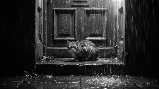 Wet Stray Cat in Rainy Doorway
