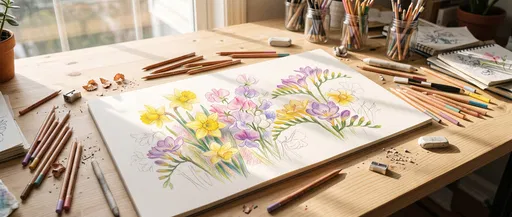 Floral Colored Pencil Sketch on Desk